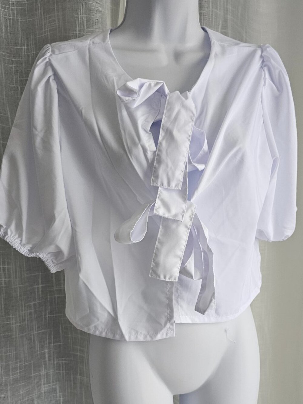 Women's Puff Sleeve Shirt Front Tie White Size L NEW